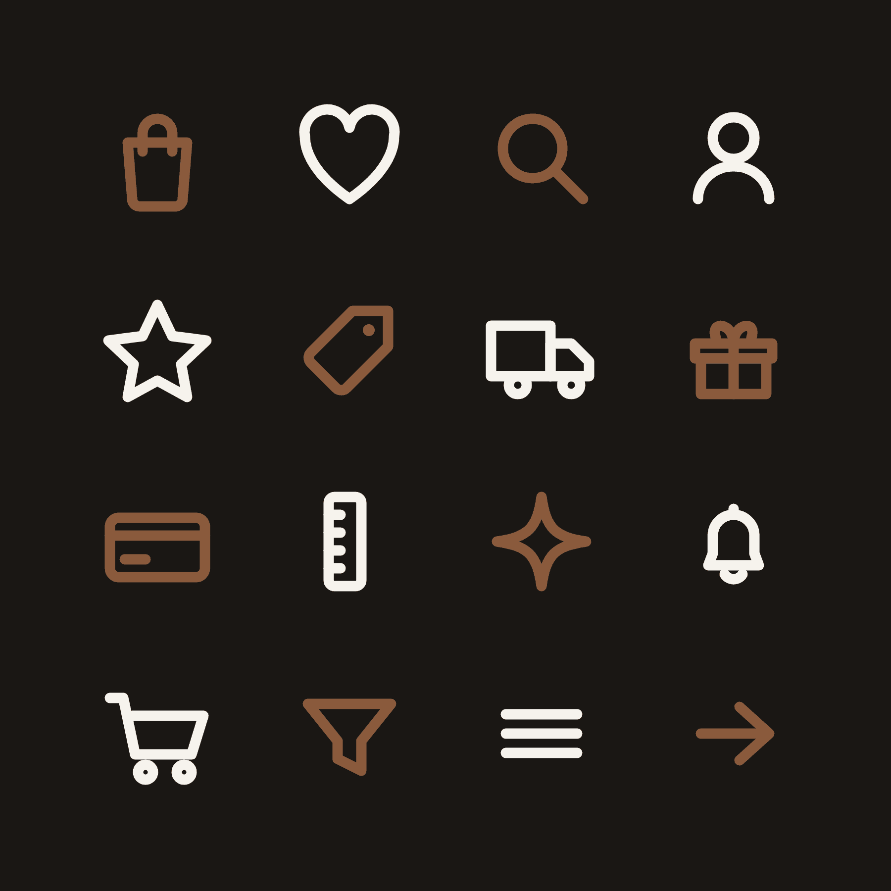 A 4×4 grid of storefront icons on ink, half tinted cognac in a checkerboard.