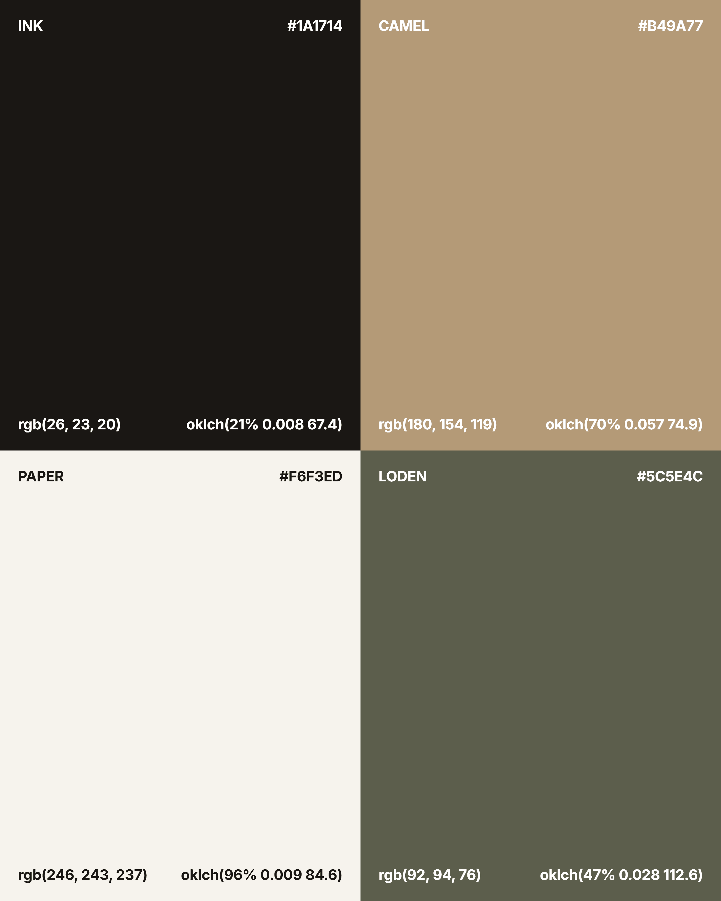Four FASHION colours in a 2×2 grid, each swatch labelled with its name, hex, rgb, and oklch in a placed corner.