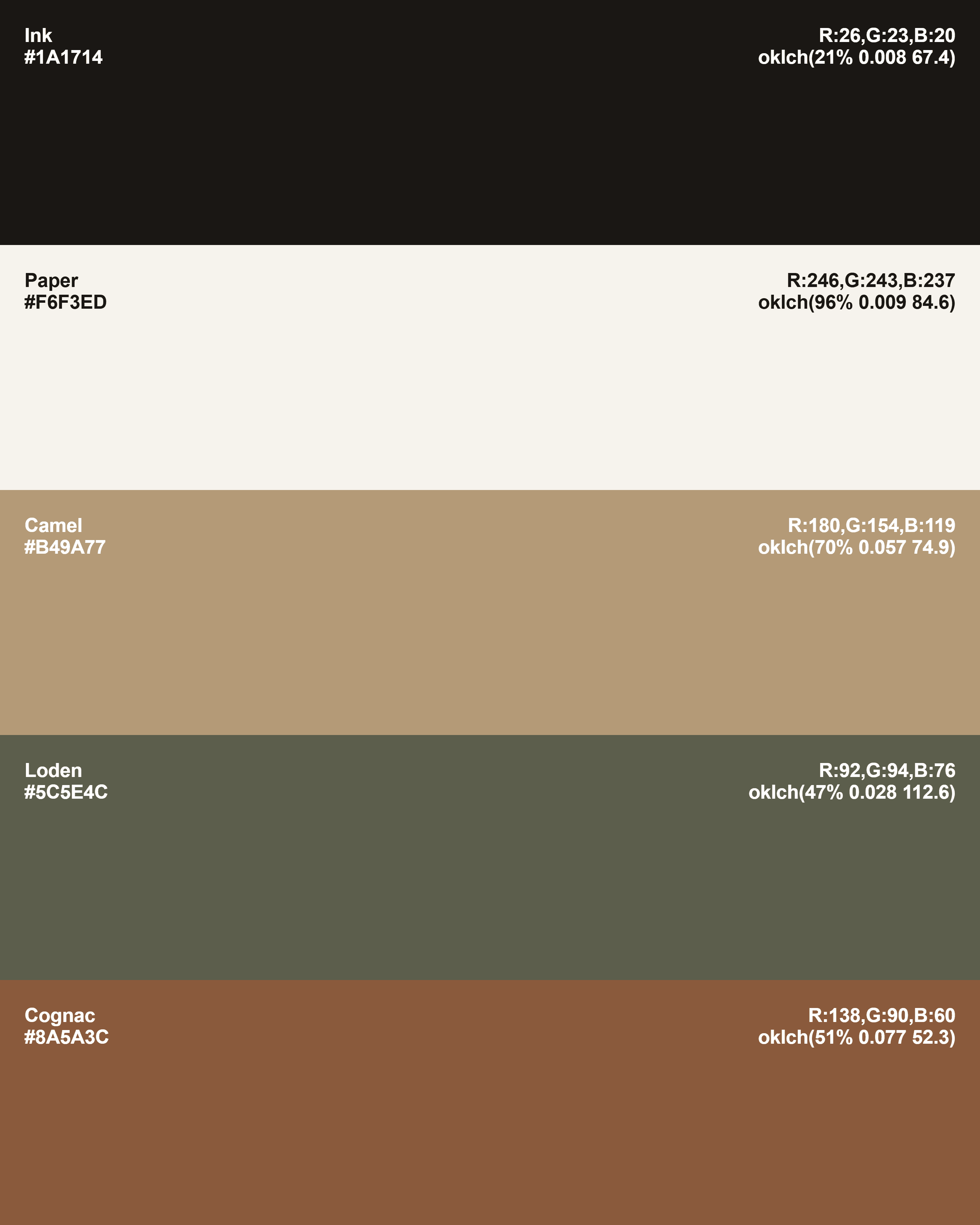 The FASHION brand palette rendered as five labelled swatches with name, hex, rgb, and oklch values.