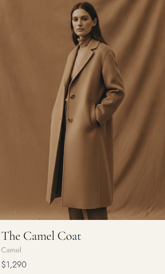 The featured FASHION product card cropped out of the shop page — photo, name, colorway, and price.