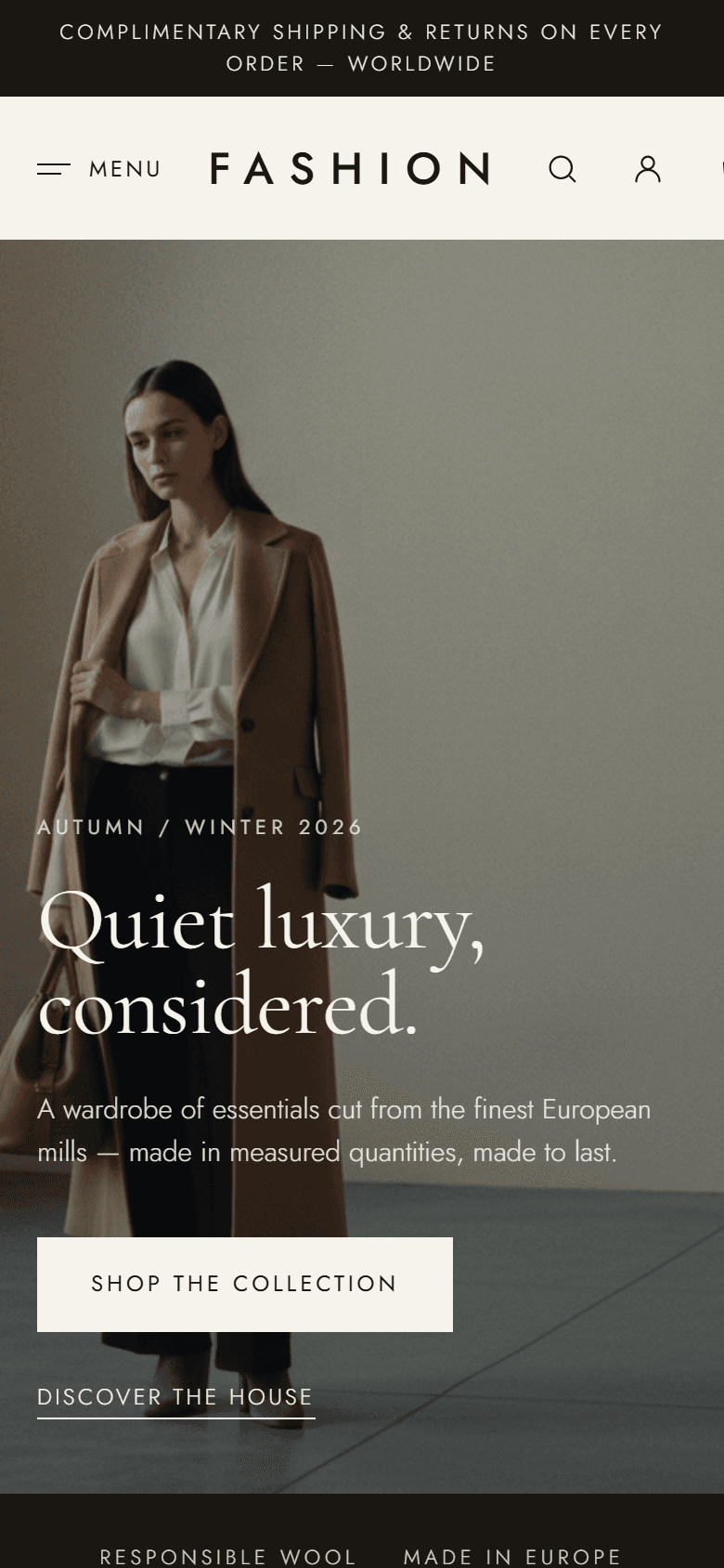 A mobile viewport screenshot of the FASHION storefront at 390×844.